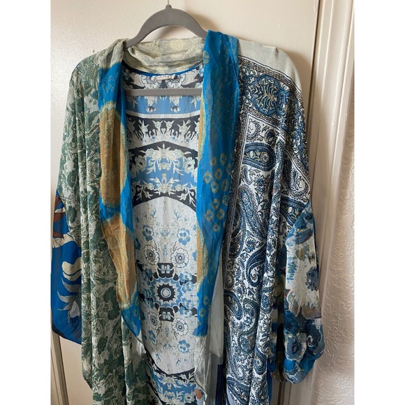 Free People I Kimono Duster Open Front One Size Sheer Silk Blue Boho Intimates - Picture 3 of 12